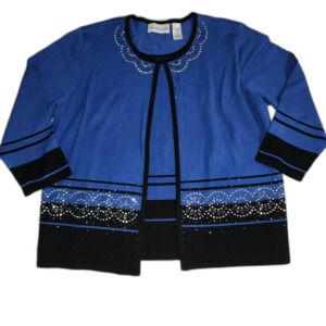 Alfred Dunner Blue & Black Rhinestone Knit Sweater Top Size L